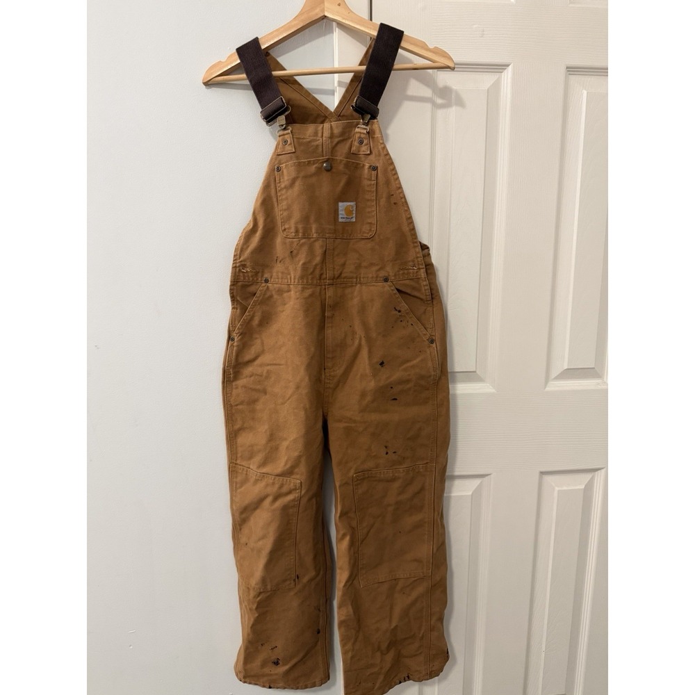 Carhartt Iconic Bib Overalls Kids Sz 10 Dungarees Brown Double Knee Work Chore